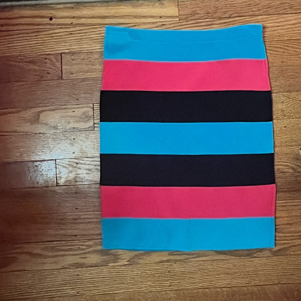 bebe Blue and Neon Red Striped Bodycon Mini Skirt